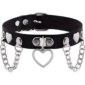 Sacina Goth Black Heart Chain Choker Necklace, Black PU Leather Choker, Halloween Christmas New Year Jewelry Gift for Women
