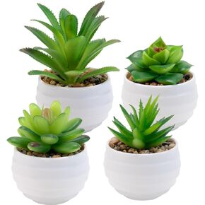 CQURE Set of 4 Succulents Plants Artificial, Mini Artificial Succulents Desk Plant Fake Plants Aesthetic Succulents in Pots for Bedroom Home Bathroom Office Room Decor(Green)