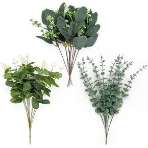 30 Pcs 3 Kinds Mixed Artificial Eucalyptus Leaves Stems, Fake Silver Dollar Eucalyptus Leaves Stems Bulk Fake Plants, Real Touch Leaf Branches For Wedding Home Vase Bouquets Floral Greenery Decor