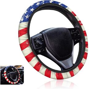 1 PC Car Steering Wheel Cover, 14.9" American Flag Decoration Non-Slip Breathable Easy-Grip Cover for All Seasons, Washable and Dustproof Tight Fitting Protector, Universal for Cars (Red)