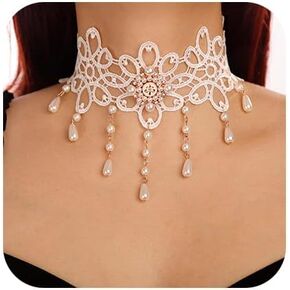 Denifery Fashion White Lace Pearl Tassel Chian Choker Lace Choker Necklace Wedding Bridal Necklace Halloween Party for Women (Style 5)