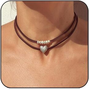 Boho Choker Necklace for Women Layered Bohemian Turquoise Flower Heart Coin Leather Choker Western Boho Necklaces (B-Beads heart,Brown)