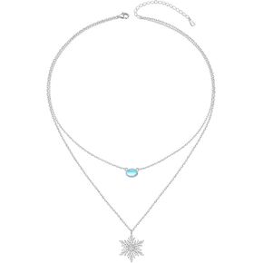 FLYOW Snowflakes Layered Choker Necklace S925 Sterling Silver Lab Moonstone Snowflake Pendant Jewelry Adjustable Clavicle Necklace for Women Birthday Gifts (Moonstone Snowflakes)