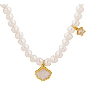 14K Yellow Gold Pearl Love Choker Necklace,Freshwater Cultured Pearl Pendant Necklaces,Fashion Jewelry for Women