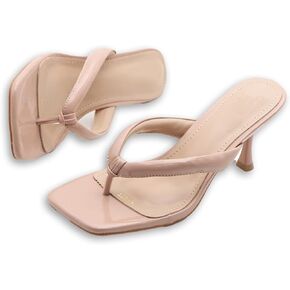 Women's Open Square Toe Kitten Heels Thong Sandals Lightweight Non Slip Comfortable Slip-On Dress Heels Sandals for Party Vacation Summer Sandals