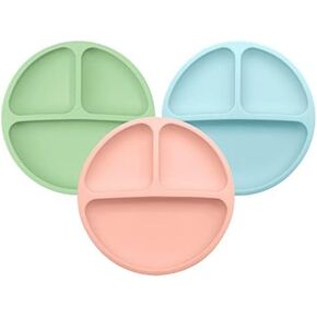 Suction Plates for Babies & Toddlers - Silicone Plates with Lids and Spoon Fork For Baby, Dishwasher and Microwave Oven Safe, 3 Pack (Blue, Gray & Purple)