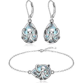 Octopus Earrings Anklet Set Moonstone Tentacle Sterling Silver Ocean Sea Animal Tear Drop Jewelry Gifts for Women