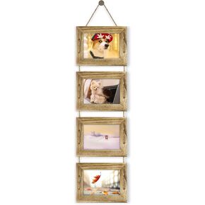 إطارات صور مجمعة معلقة من DLQuarts مقاس 5 × 7 لتزيين الحائط، 4 فتحات مقاس 5 × 7 غير لامعة إلى 3.5 × 5 إطار خشبي ريفي مع حبل قنب، عبوتان، أسود مقاوم للطقس
