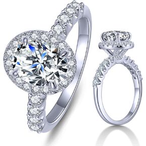 KSTYLE 2CT Moissanite Halo Engagement Rings for Women Round/Oval/Emerald Cut D Color VVS1 Clarity, S925 Sterling Silver Rings 18K White Gold Plated Wedding Rings for Women