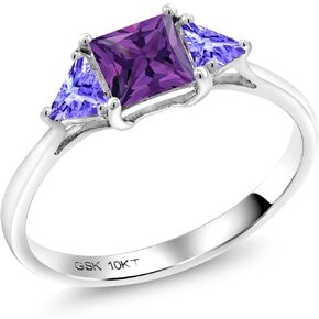 Gem Stone King 10K White Gold Purple Amethyst and Blue Tanzanite 3 Stone Engagement Ring For Women (0.99 Cttw, Gemstone February Birthstone, Princess Center 5MM, Trillion 3.5MM)