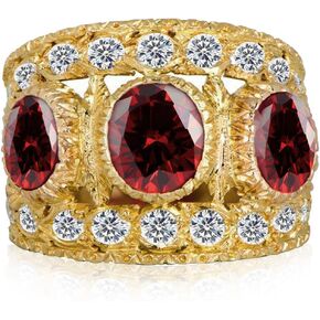 Dainty Multi Three Red Ruby Garnet Crystal Stone Wide Band Ring,14K Gold Plated Full Cubic Zirconias for Women