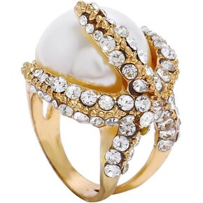 Dtja Big Starfish Shell Pearl Statement Ring for Women Rhinestone Crystal Star Exaggerate Wide Band Finger Rings Comfort Fit Fashion Delicate Christmas Cocktail Halloween Party Jewelry Size 9