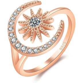 Sun and Moon Ring for Women Rose Gold Silver Sparkly Cubic Zirconia Open Adjustable Ring Trendy Jewelry Gifts