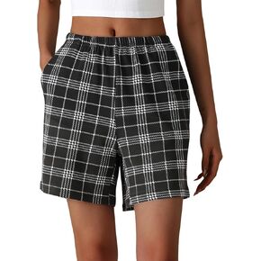 Pajama Shorts Women Cotton Plaid Pajama Bottoms with Pockets Sleep Pj Shorts Elastic Waist Lounge Wear Casual