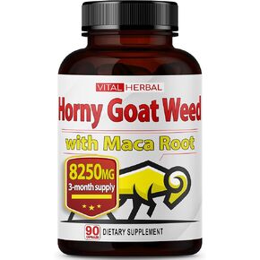 VITAL HERBAL Horny Goat Weed Capsules Equivalent to 8250mg Maximum Strength with Maca Root Tribulus Ashwagandha Tongkat Ali Panax Ginseng for Men Women, Boost Energy (90 Count (Pack of 1))