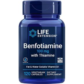 Life Extension Benfotiamine with Thiamine, Fat & Water Soluble Vitamin B1, Gluten Free, Healthy Metabolism, Non-GMO, Vegetarian, 100 mg, 120 Vegetarian Capsules