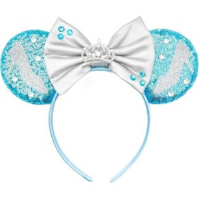 MADO Princess Cinderella Mouse Ears Headband for Women and Kids - Silver Blue Ears