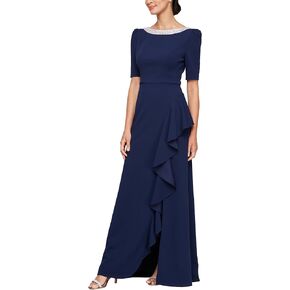 Alex Evenings Women's Long Embellished Neck Mother of The Bride Dress with Elbow Puff Sleeve (Petite and Regular Sizes)
