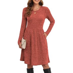 Women's Knit Textured Sweater Dresses Long Sleeve Loose Casual Pleated Fall Dress with Pockets
