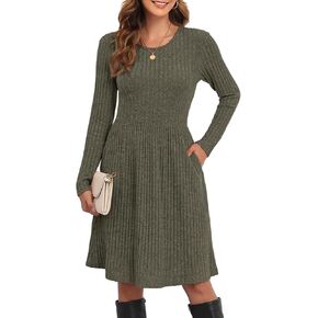 Women's Knit Textured Sweater Dresses Long Sleeve Loose Casual Pleated Fall Dress with Pockets