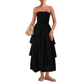 PRETTYGARDEN Women's Maxi Dress 2025 Summer Off Shoulder Smocked Tiered Ruffle Long Flowy Dresses Casual Beach Sundress