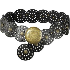 Wide Disc Belt for Women Vintage Boho Concho Leather Hollow Belt Western Waist Belt