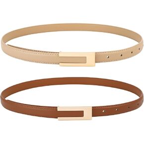 Skinny Leather Belts for Women 2 Pack Thin Waist Belts for Dresses Jeans Pants
