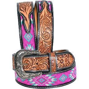 Western Tooled Leather Beaded Belt For Men and Women 30IS111