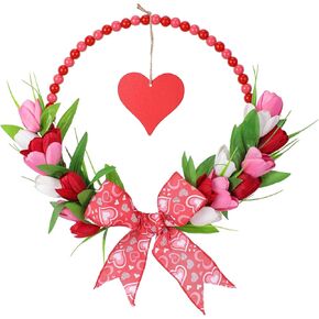 إكليل عيد الحب الوردي للباب الأمامي - أكاليل عيد الحب الخشبية المطرزة مع القوس لنافذة حفل خطوبة الزفاف، إكليل توليب وردي مقاس 33 سم مع قلب أحمر معلق لديكور جدار المنزل في فصل الربيع in Kuwait