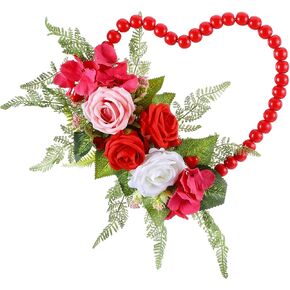 Dingion Valentines Day Wreaths for Front Door Hanging Red Wood Beads Fake Rose Flower Garland Valentine Heart Shaped Wreath Decor for Front Door for Window Home Indoors Valentines Day Decorations