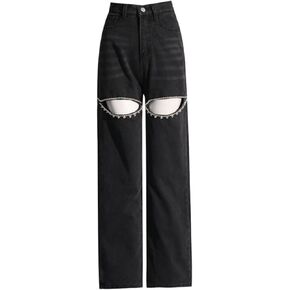 Cut Out Jeans for Women Straight Leg High Waisted Ripped Rhinestone Pearl Beaded Denim Pants