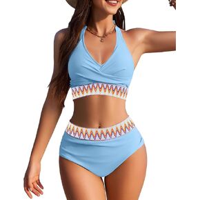 AI'MAGE Women High Waisted Bikini Sets Tummy Control Swimsuits Two Piece Swim Suits 2025 Color Block Halter Bathing Suits