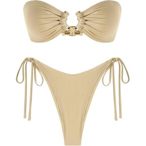 ZAFUL Bandeau Bikini Set Glitter Swimsuits for Women 2 Pcs Triangle Bathing Suit High Cut String Swimwear Light Coffee XS