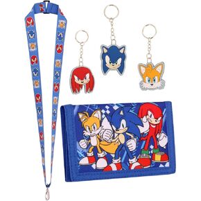 Sonic The Hedgehog Wallet for Boys - 3 PC Keychain Set and Lanyard - Canvas Wallets with Zipped Coin holder and Card Slots Featuring Tails and Knuckles
