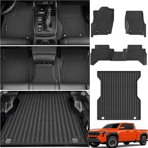 Floor Mats & Truck Bed Mat for 2024 2025 Toyota Tacoma Double Cab with 5FT Bed (Not for Manual Transmission) All Weather Protection TPE Rubber Floor Liners for 2024 Tacoma Accessories, Black
