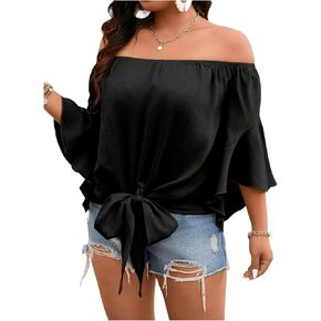 SOLY HUX Women's Plus Size Off Shoulder Tops Ruffle 3/4 Bell Sleeve Tie Knot Casual Blouse Shirts