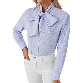 LYANER Women's Striped Button Down Shirts Vintage Bow Tie Collar Long Sleeve Elegant Blouse Tops