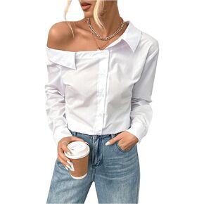 GORGLITTER Women's One Shoulder Button Down Blouse Long Sleeve Asymmetrical Shirt Tops