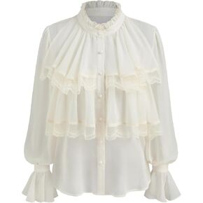 CIDER Chiffon High Neck Soild Lace Faux Pearl Long Sleeve Blouse
