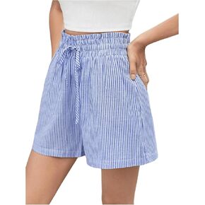 Verdusa Women's Striped Print Drawstring Elastic High Waist Shorts Wide Leg Casual Shorts