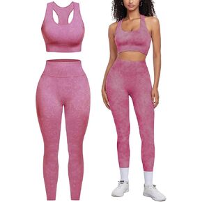 OLCHEE Womens Workout Sets 2 Piece - Acid Wash Seamless Yoga Outfits High Waist Leggings Padded Racerback Sports Bra Gym Set