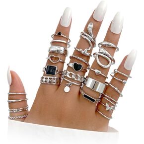 27Pcs Plated Gold Stacked Rings Sets for Women,Personality Dripping Oil Snake Finger Joint Rings,Punk Exaggerated Chunky Geometric Jewelry Gifts