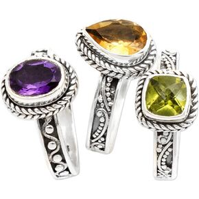NOVICA Artisan Handmade Multigemstone Stacking Rings Sterling Silver Set of 3 Amethyst Citrine Peridot Cocktail Indonesia Birthstone [crown (amethyst) 0.3 in H x 0.4 in W x 0.2 in D Crown (citrine) 0]