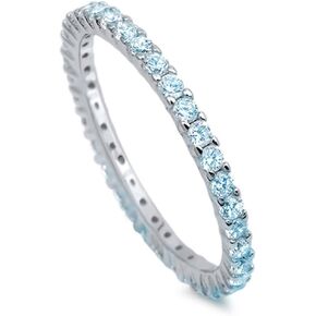 Blue Apple Co. 2mm Full Eternity Stackable Wedding Ring Round Simulated Aquamarine Cubic Zirconia 925 Sterling Silver