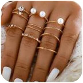 Missgrace 8 Piece Gold Knuckle Ring Set Vintage Pearls Rhinestones Boho Stackable Adjustable Rings for Women