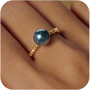 Pearl Rings for Women Dainty 14K Gold Plated Grey Pearl Ring Trendy Thin Beaded Twist Hammered Stacking Rings Minimalist Statement Ring Birthday Jewelry Gift for Mom Wife
