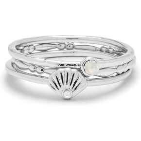Pura Vida Silver-Plated Opal Shell Ring Stack - Brass Base, Stylish Design - Set of 3, Sizes 5-9