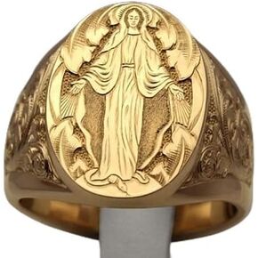 LIOYSIUT Mens Womens Silver Ring 18K Gold Plated Engraved Signet Ring Virgin Mary Bible Verse Prayer Rings Christian High Polished Stackable Plate Knuckle of Religious Gifts Jewelry Size 7