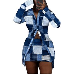 MakeMeChic Women's 2 Piece Outfit Plaid Colorblock Collared Button Down Shirt and Bodycon Skirt Set