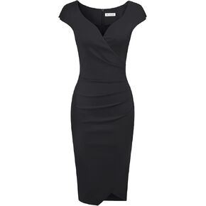 MUXXN Women's Short Sleeve Wrap V Neck Midi Bodycon Vintage Formal Work Dress
